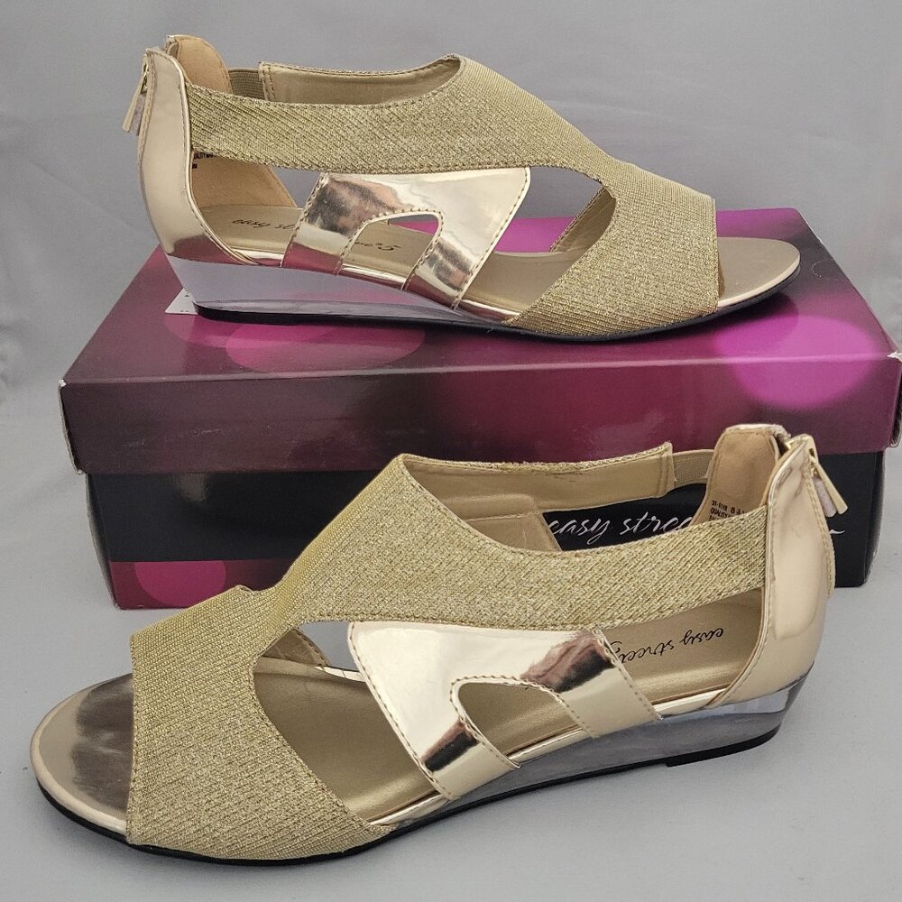 Easy Street Alive 5 Dance Flex ABRA Gold Glitter Open Toe Wedge Shoe Sandal 8.5W